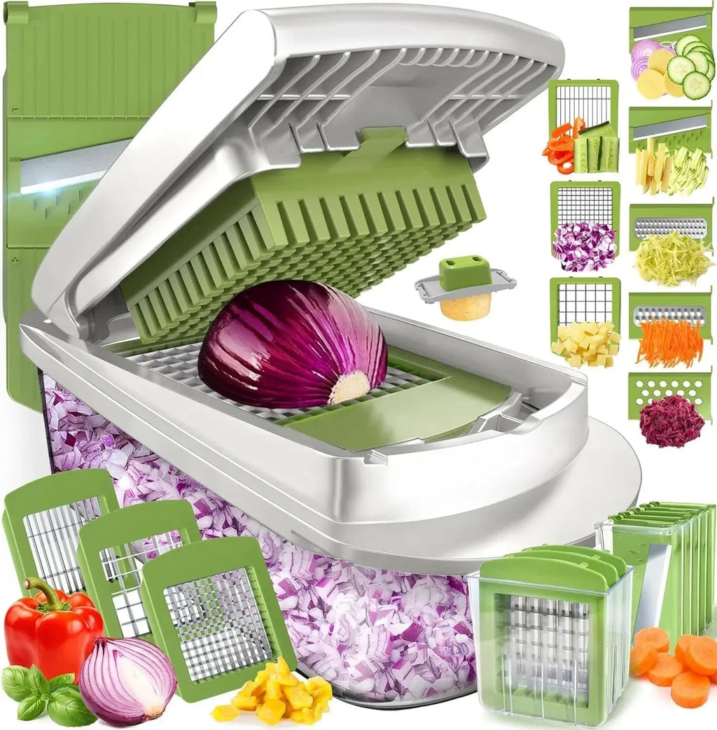 Vegetable Chopper | Dicing, Slicing, and Grating | Storage Container & Safety Holder | VegiCut