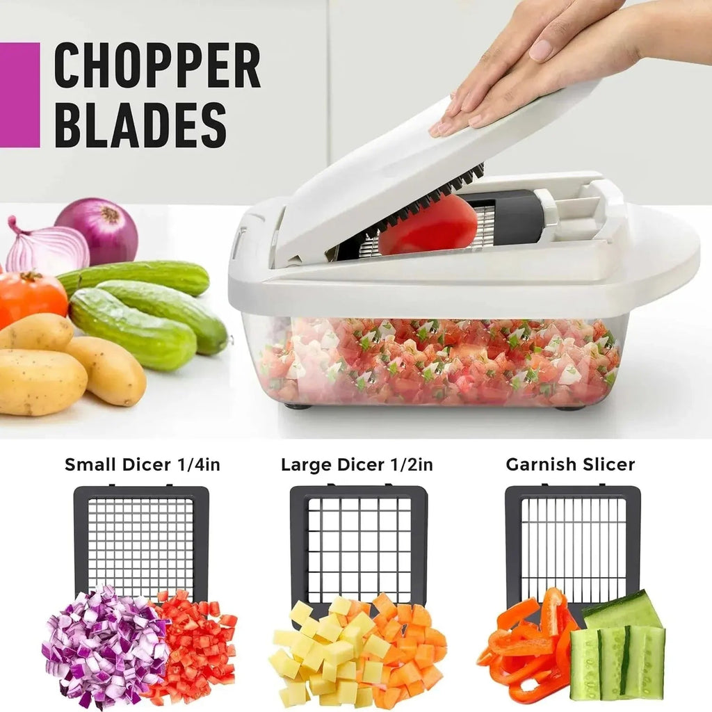 Vegetable Chopper | Dicing, Slicing, and Grating | Storage Container & Safety Holder | VegiCut
