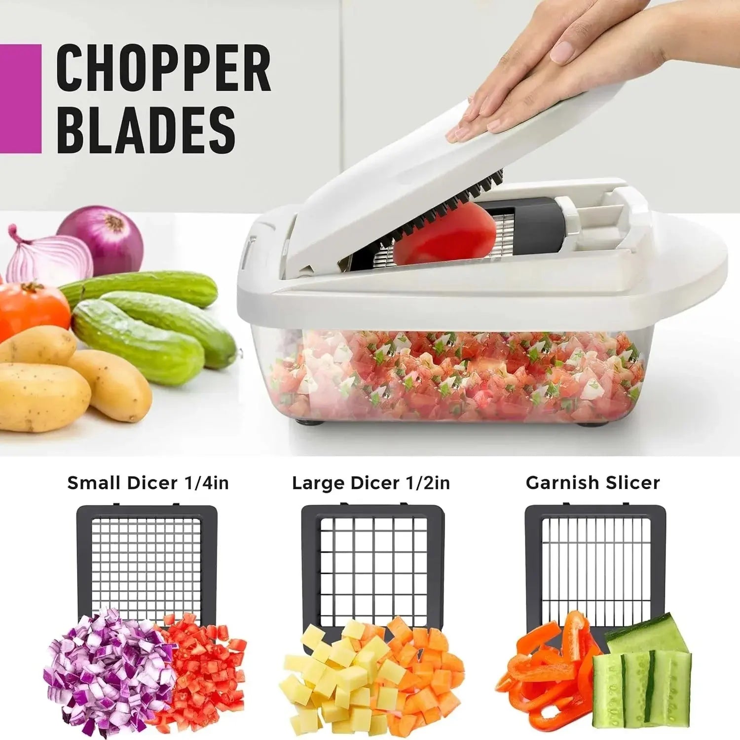 Vegetable Chopper | Dicing, Slicing, and Grating | Storage Container & Safety Holder | VegiCut