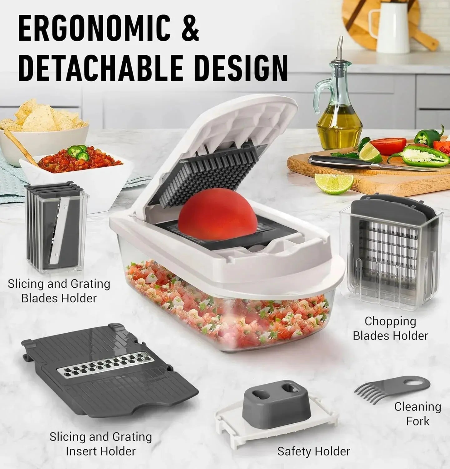 Vegetable Chopper | Dicing, Slicing, and Grating | Storage Container & Safety Holder | VegiCut